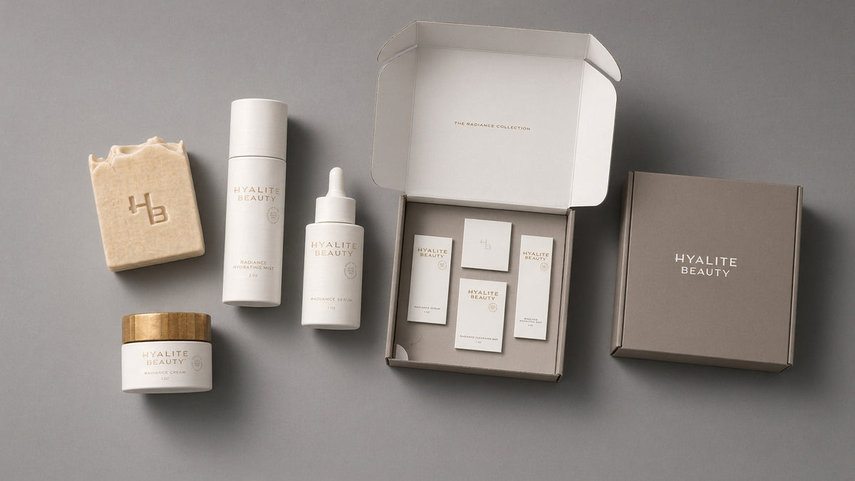 The Radiance Collection: Cleansing Bar, Hydrating Mist, Serum and Cream with their box