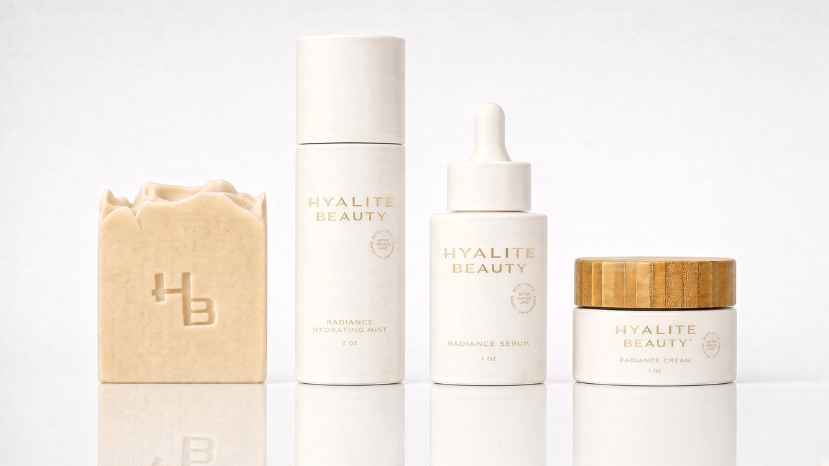 The four Radiance steps in a row: Cleansing Bar, Hydrating Mist, Serum and Cream
